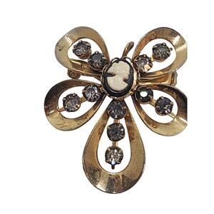 Vintage Cameo Brooch Pendant Gold Tone Rhinestone Bow Ribbon Convertible Pin
